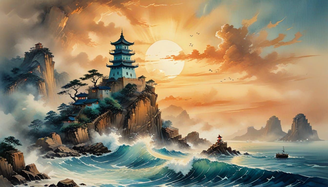 Lighthouse Sunset in Chinese Ink Painting Style