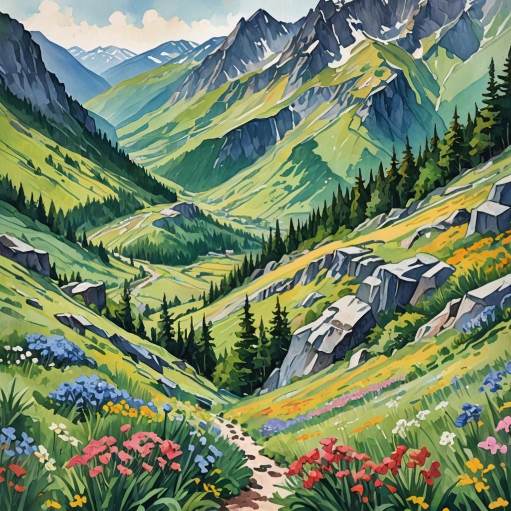 Spring Mountains in Gouache Style Impressionism