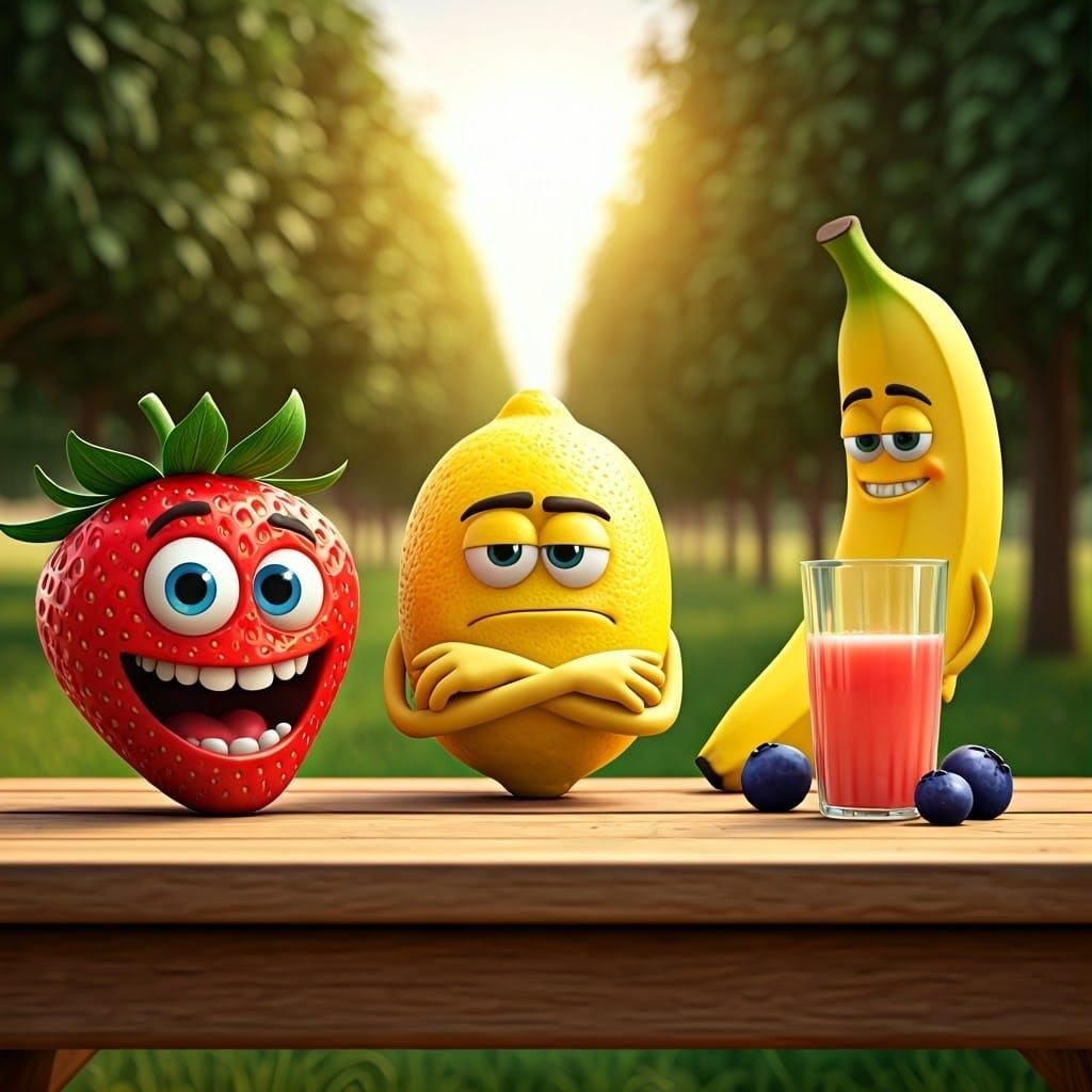 Whimsical Fruits Gather Around a Wooden Picnic Table in a Su...