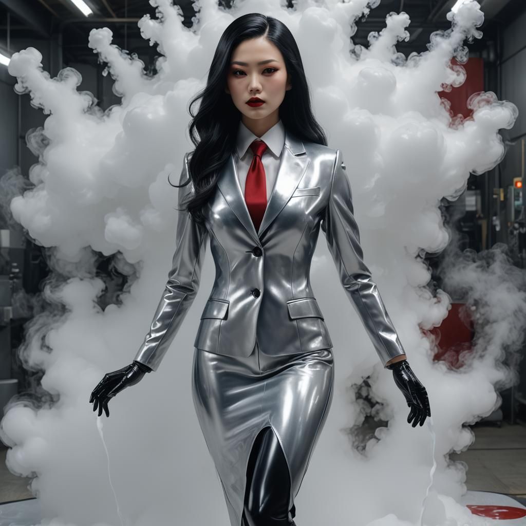 Elegant Japanese Mannequin in Latex Business Suit