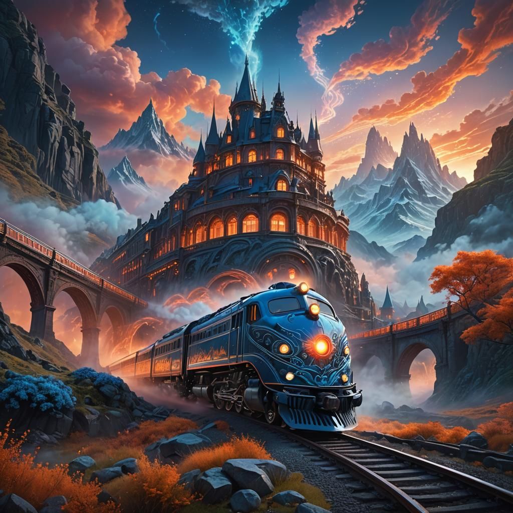 Majestic Landmark Train Speeding Through Dreamlike Landscape