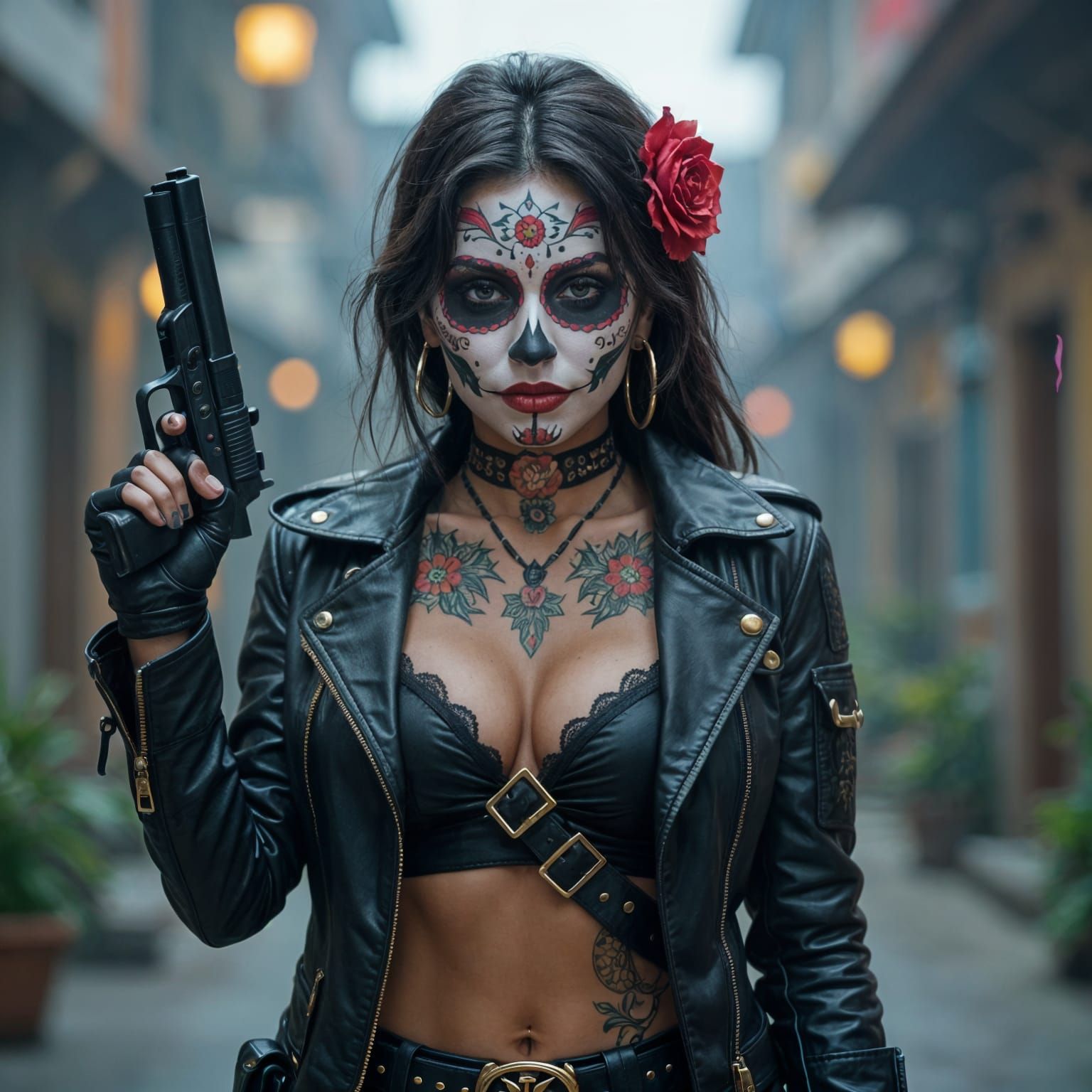 Mexican Gangster with Día de los Muertos Face Tattoos