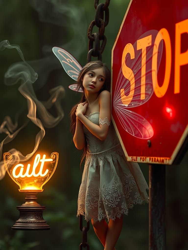Fairy Asks Question by Stop Sign in Hyperrealism