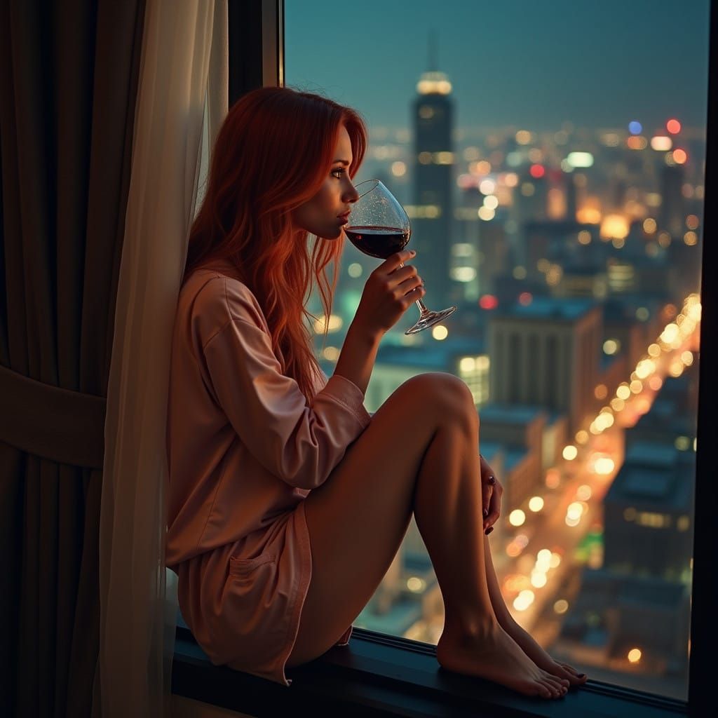 Ethereal Nighttime Cityscape with Red-Haired Woman in Pajama...