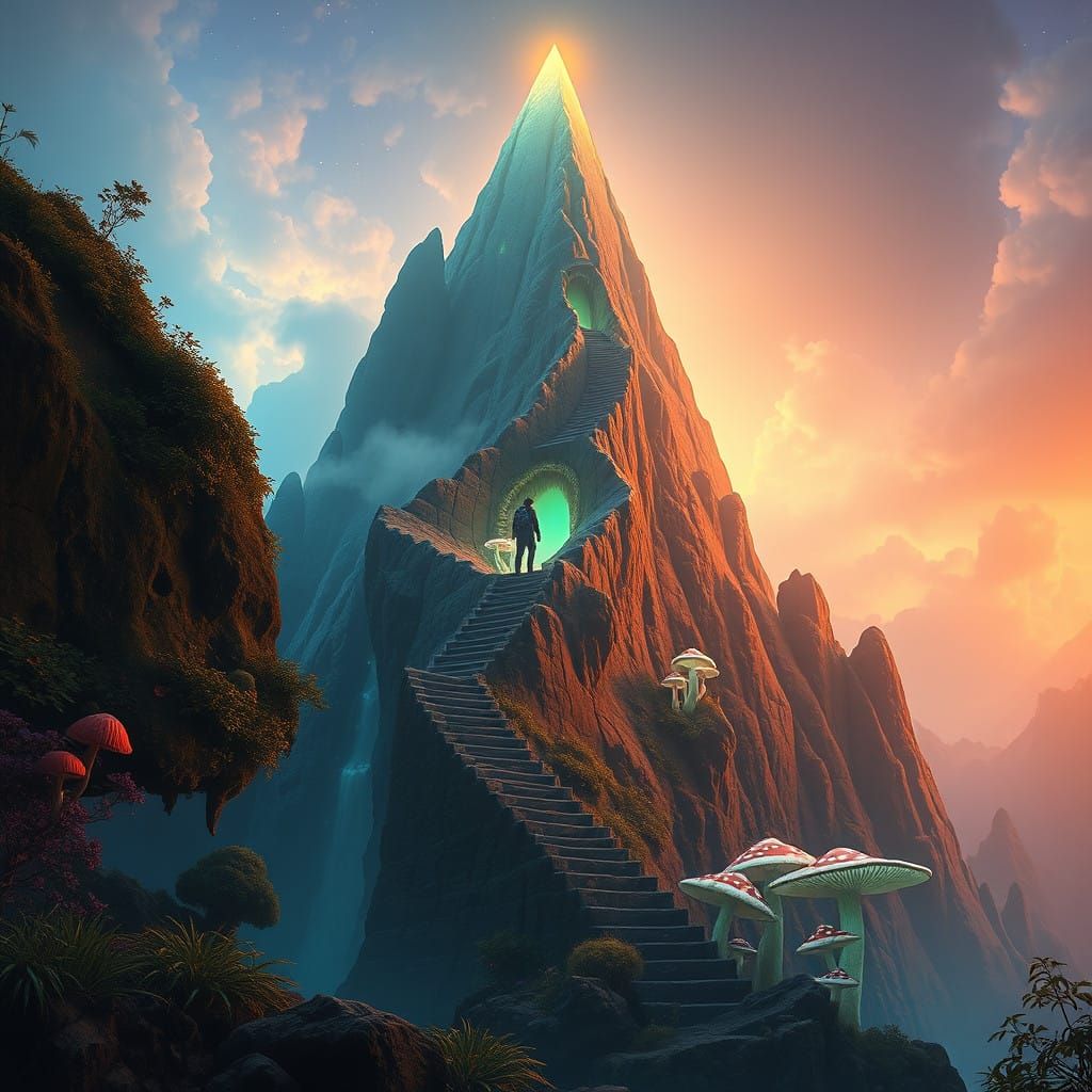 Ethereal Ascent into a Glowing, Ancient Realm