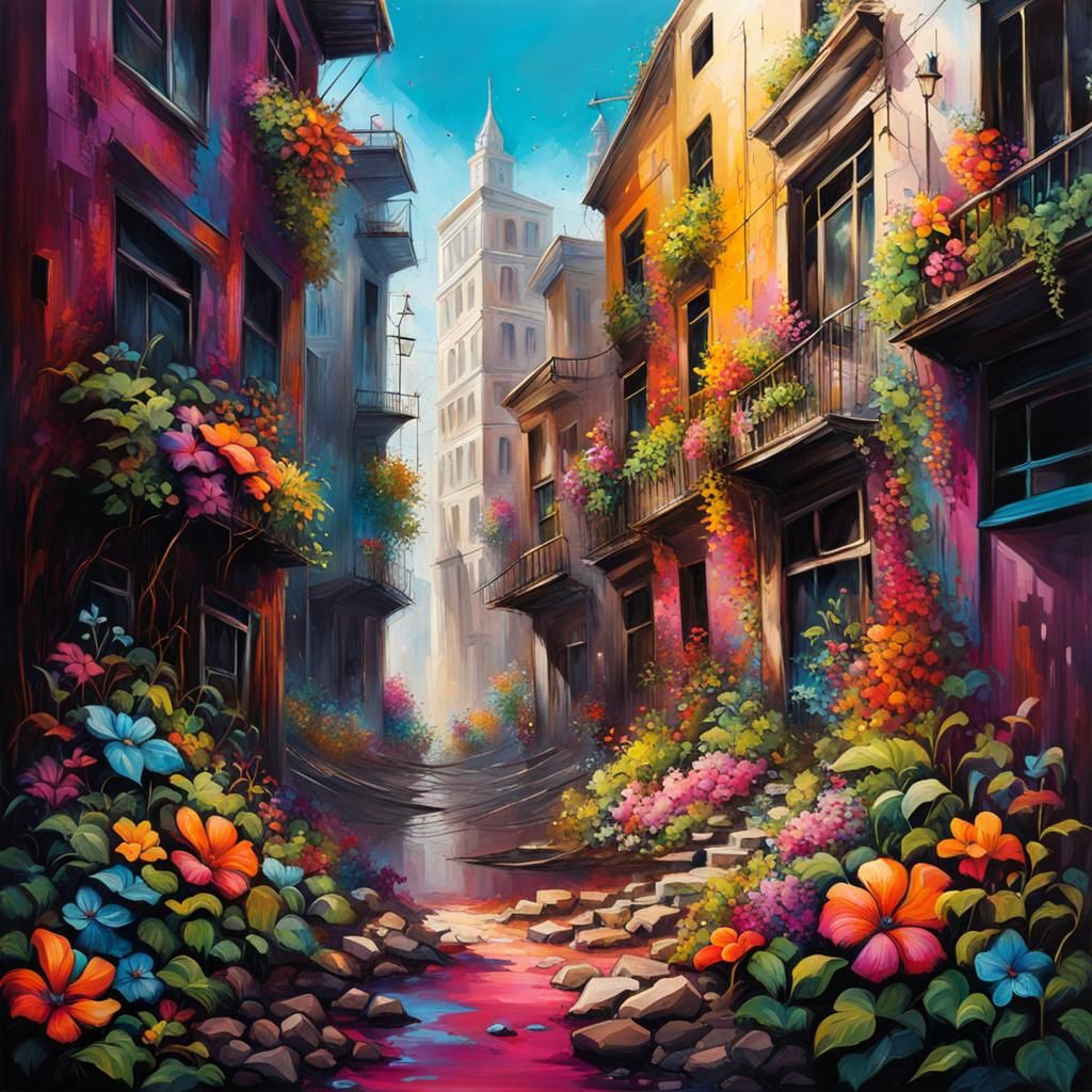 Colorful Flora Overruns Crumbling Cityscape: Graffiti Art