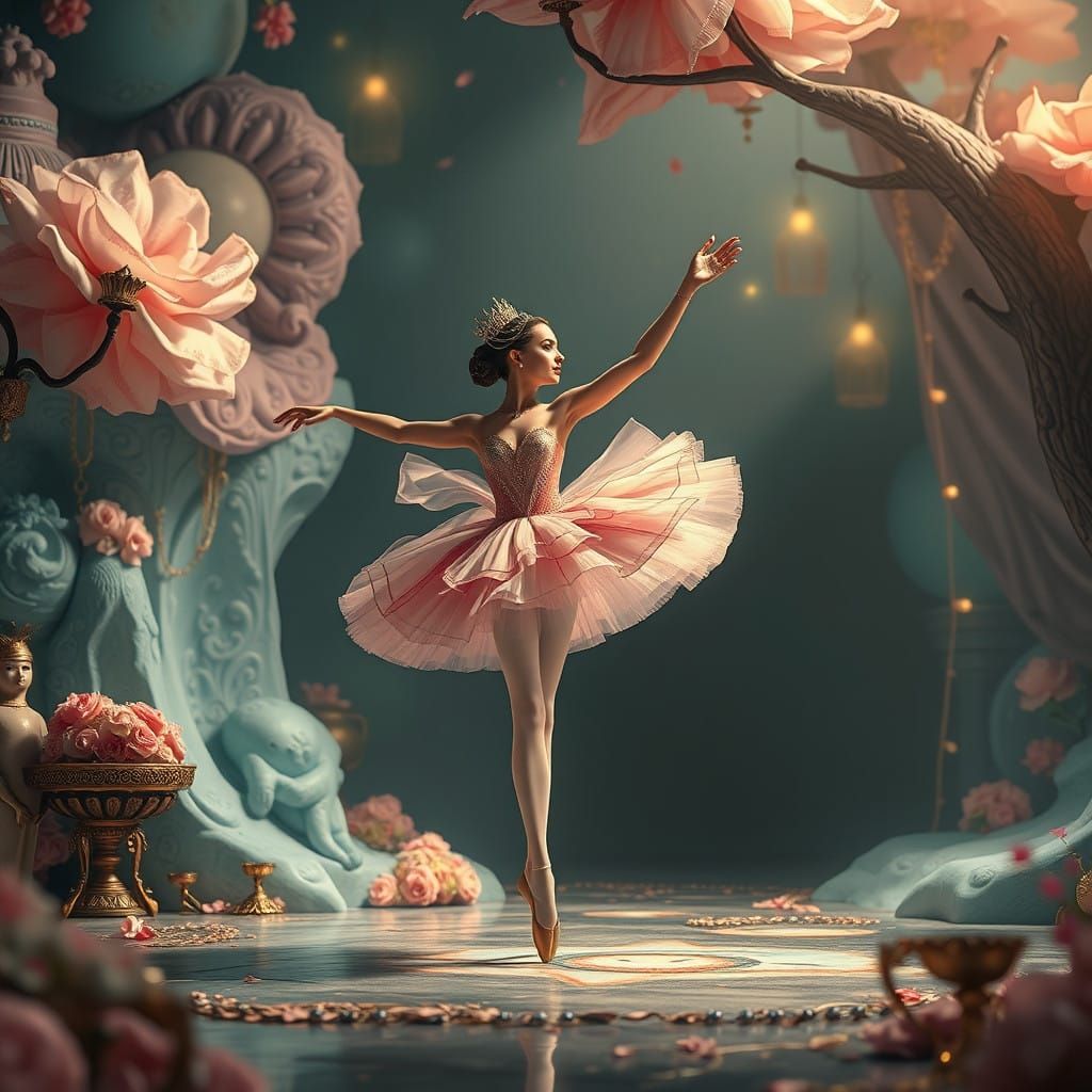 Regal Ballerina in Whimsical Dreamlike Scene