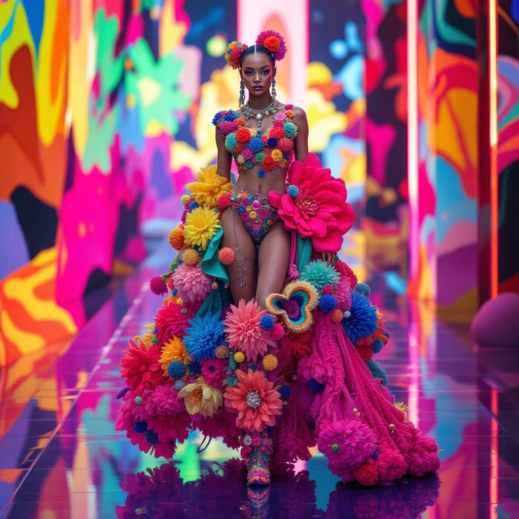 A gorgeous model on the fashion runway perfect face wears an outfit of intricate bulky elaborate rainbow flowers sequins...