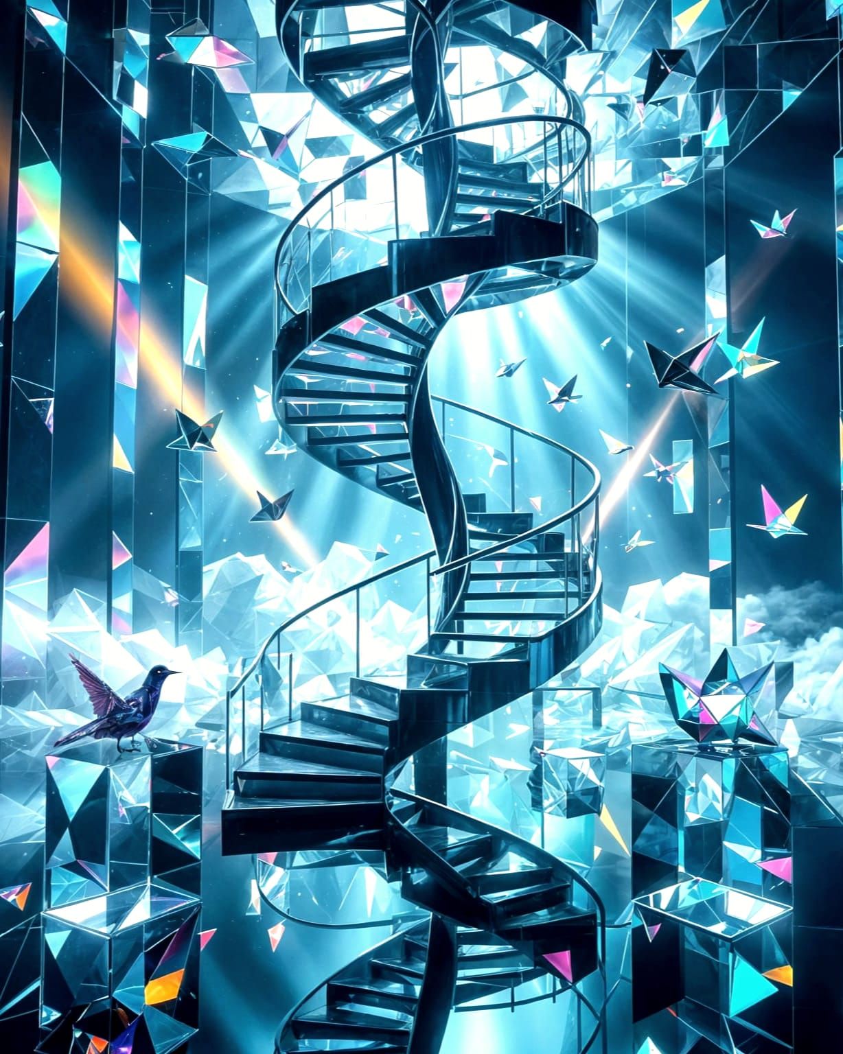 Surreal Floating Mercury Staircase with Neon Origami