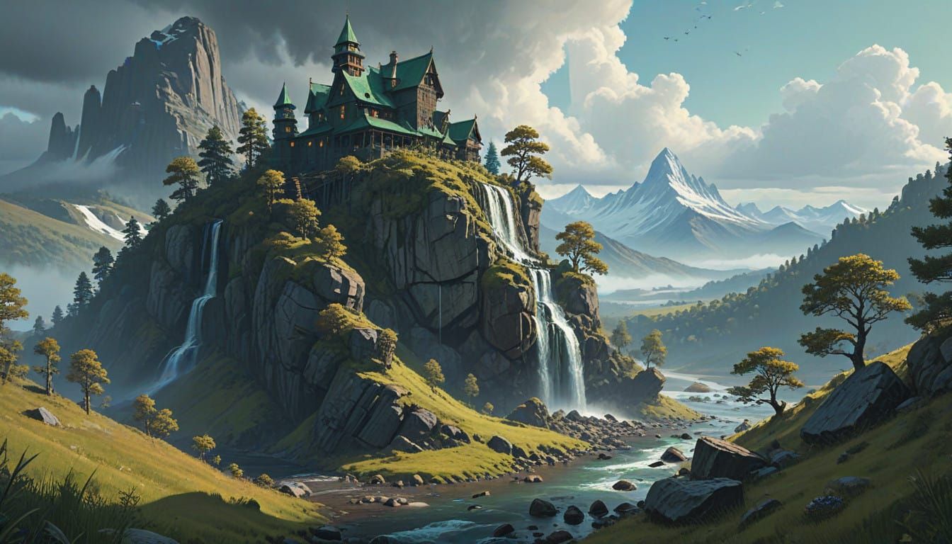 Epic High Fantasy Citadel Amidst Majestic Mountains and Emer...