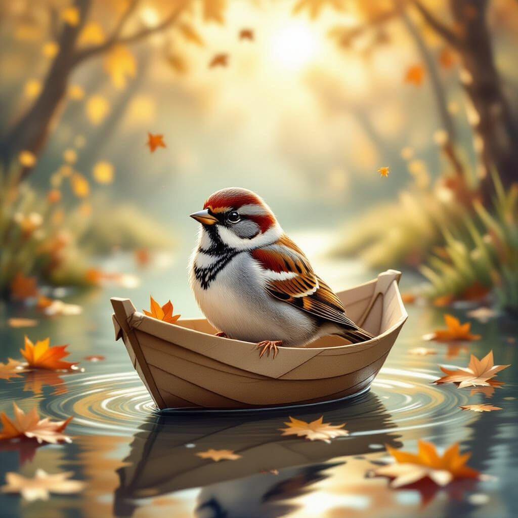 Cute Sparrow in Paper Boat Autumn Scene Watercolor Effect