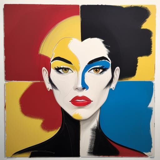 Dynamic Abstract Portrait in Bold Colors and Expressive Brus...