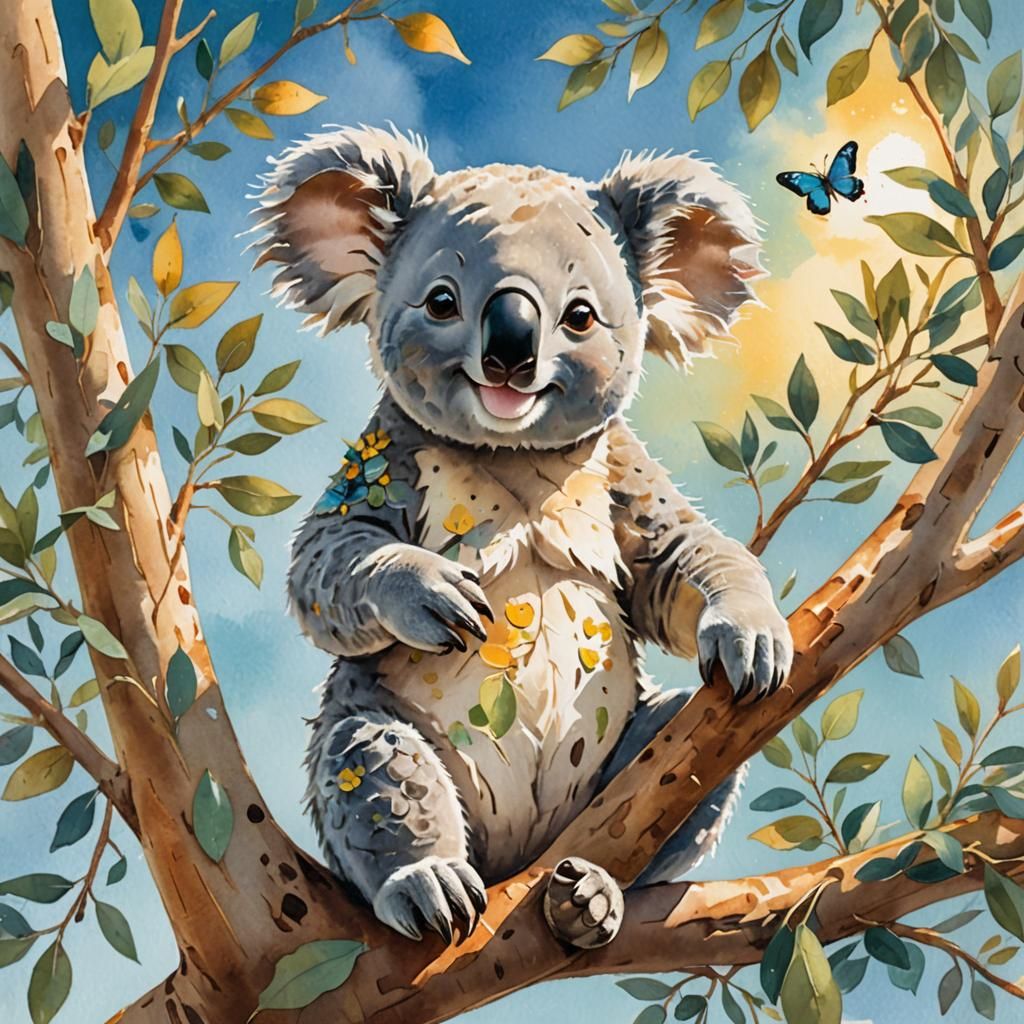 Cheerful Koala Meditating in Whimsical Watercolor Landscape
