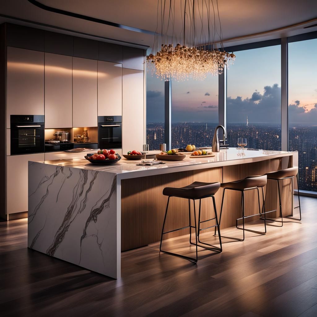 Luxury High-Rise Kitchen with Dramatic Lighting