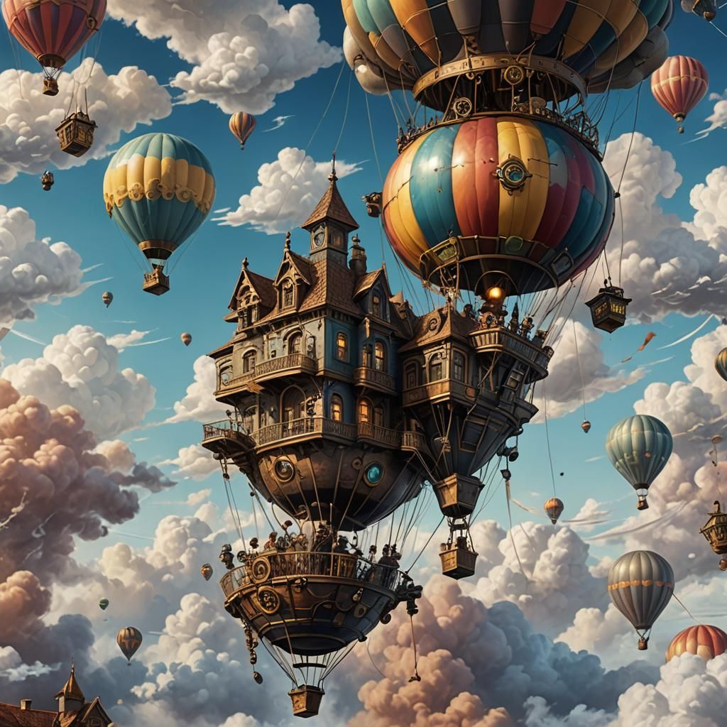 A floating Steampunk mansion hanging from a hot air balloon, in the clouds