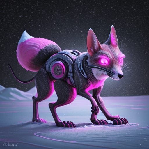 Neon Alien Fox Hunting Mice in Pink Snow