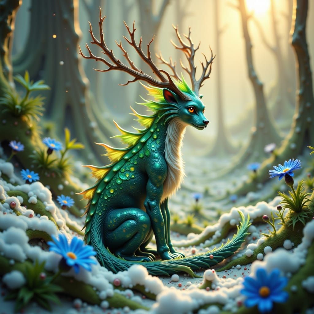 Jade Dragon-Cat in Winter Forest, Fantasy Art