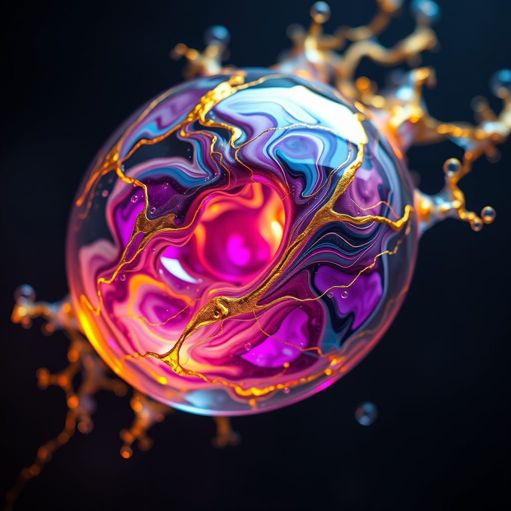 Abstract Organelle in Epoxy Resin with Neon Pigments and Gol...