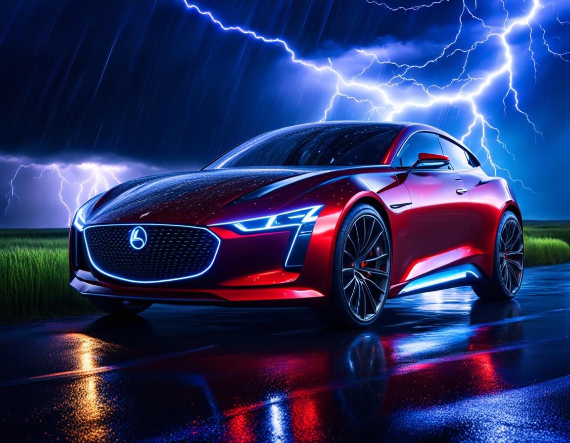 Electric Car Forged in Lightning Storm: 8K Fantasy