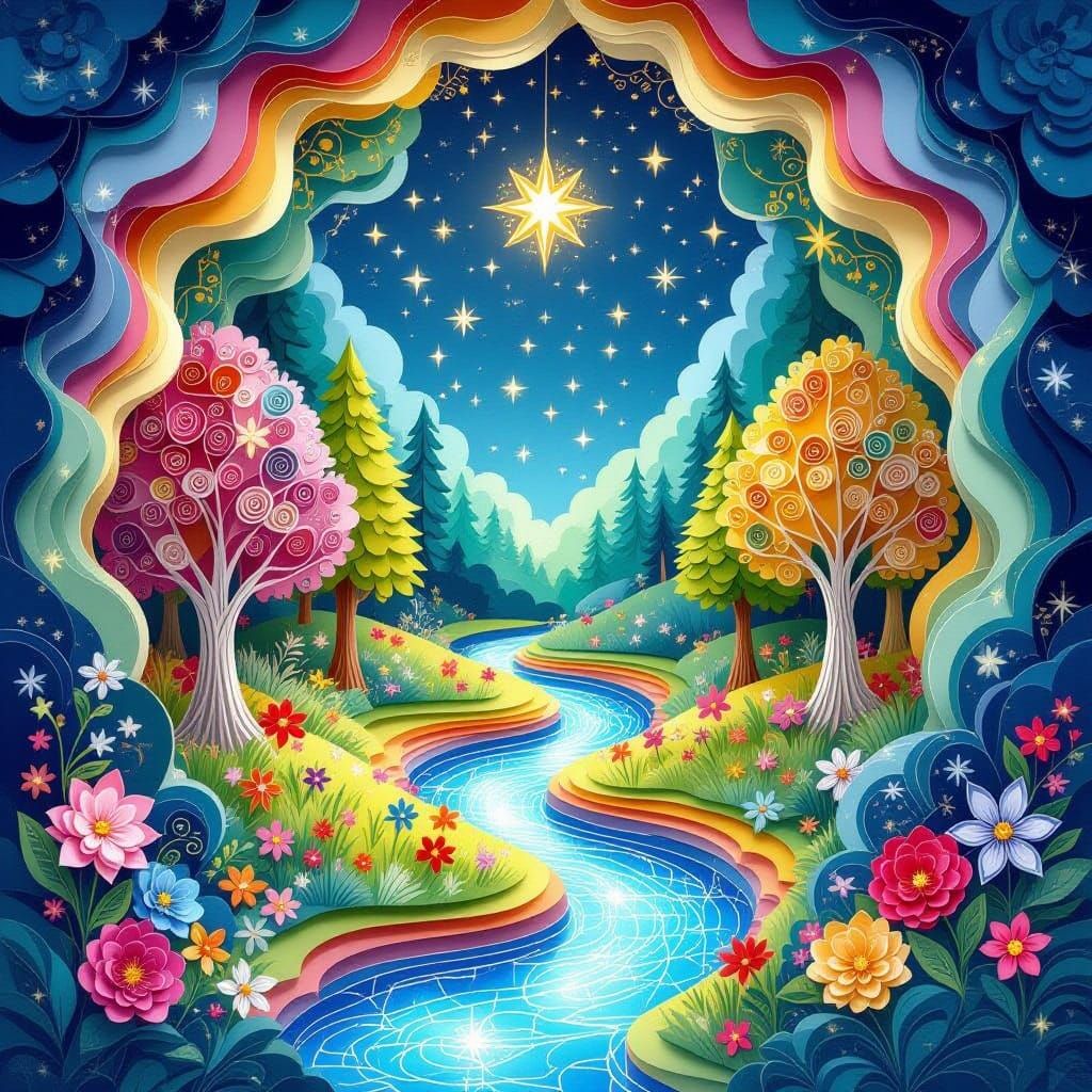 Rainbow Paper Forest With Glowing River