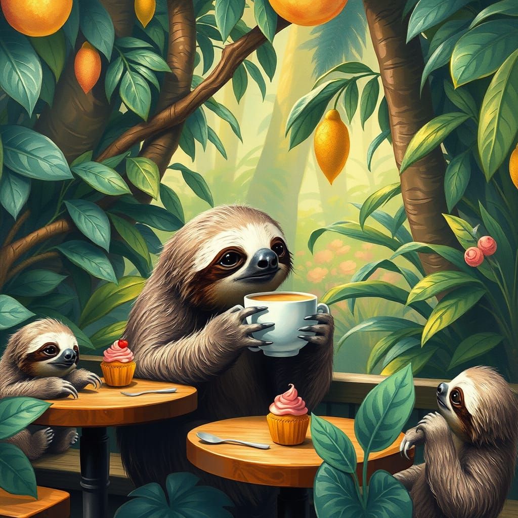 Whimsical Sloths Enjoying Coffee in Lush Rainforest Cafe