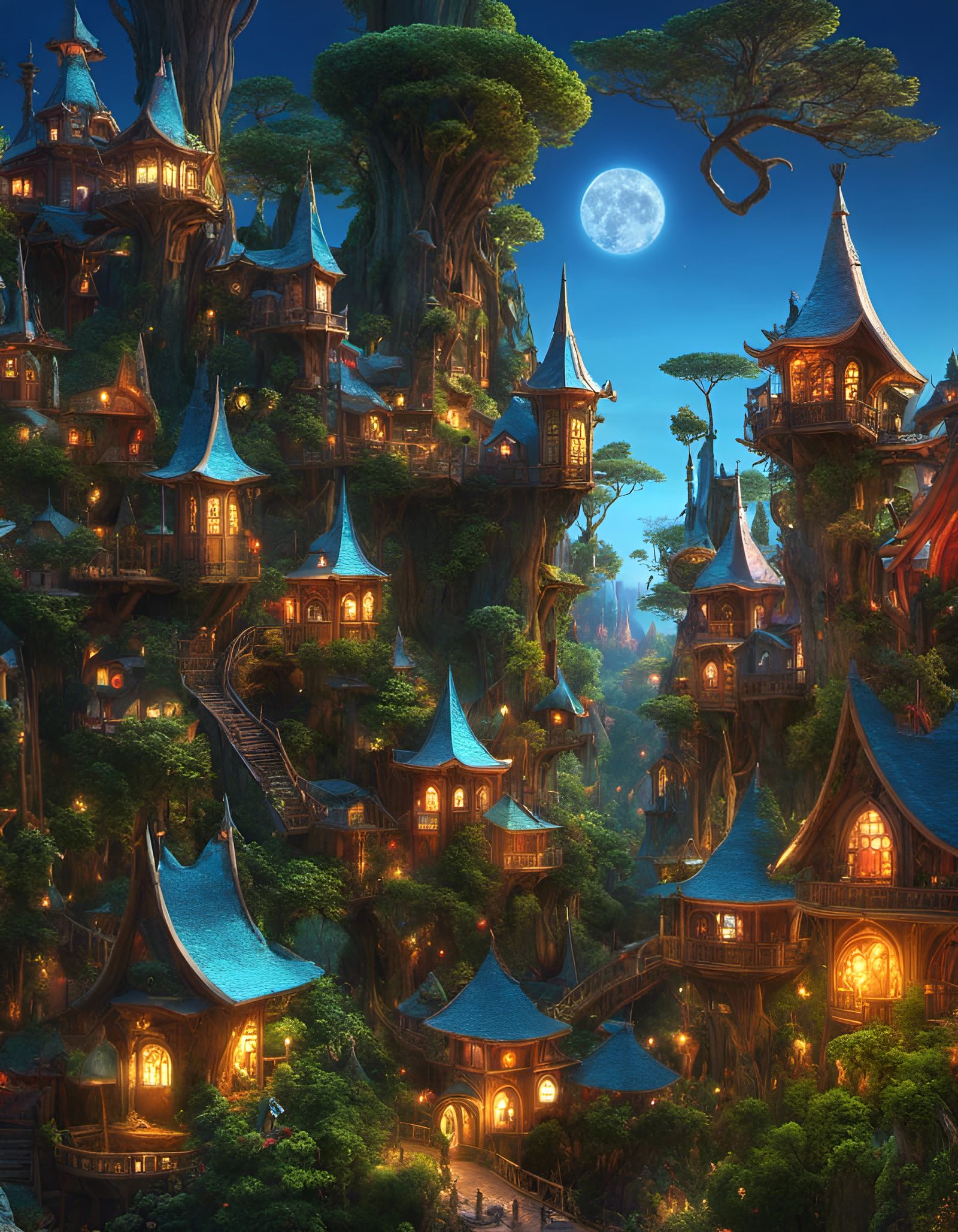 Magical Multicolored Tree Village at Dusk: 3D Render
