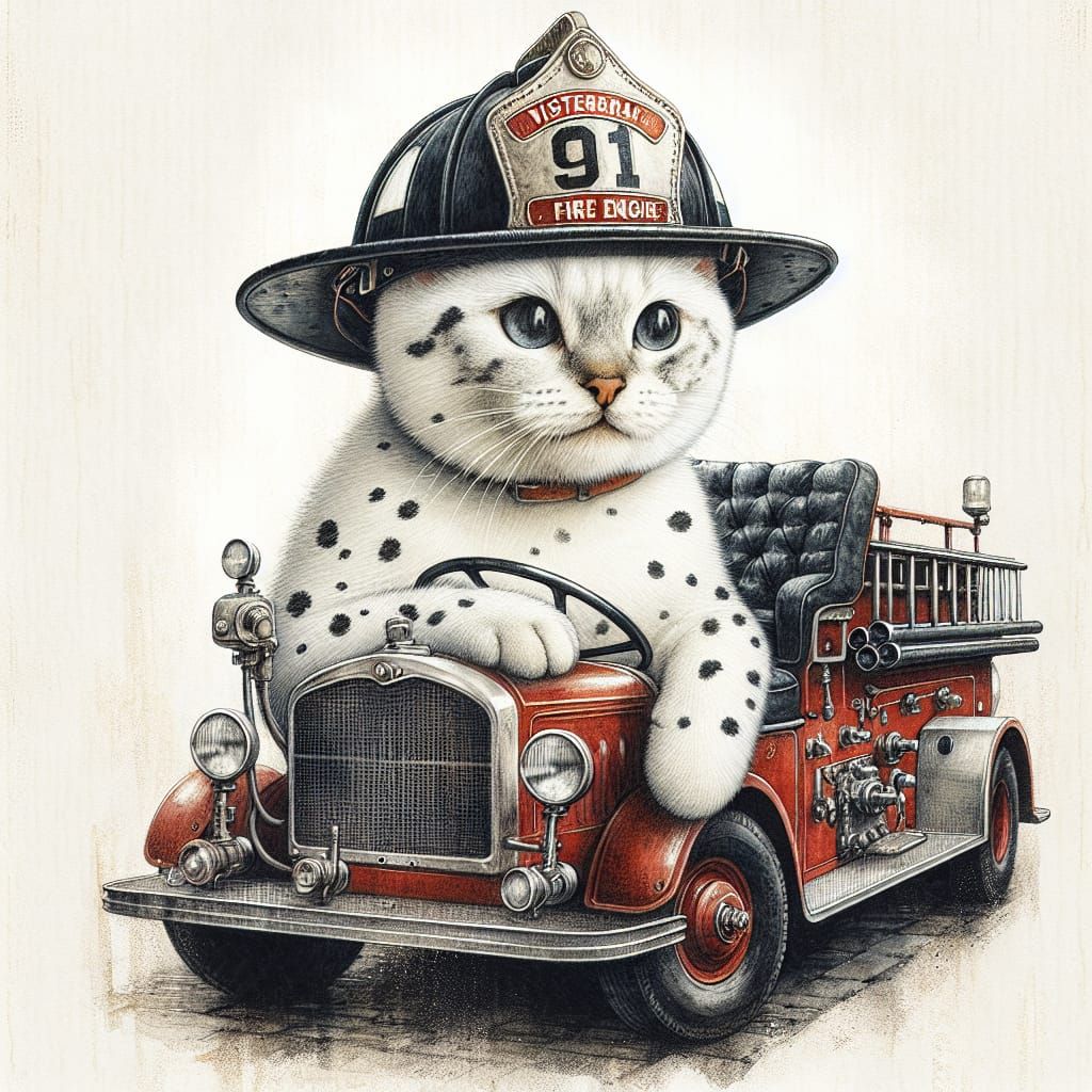 Spotted Cat in Fire Helmet on Fire Engine