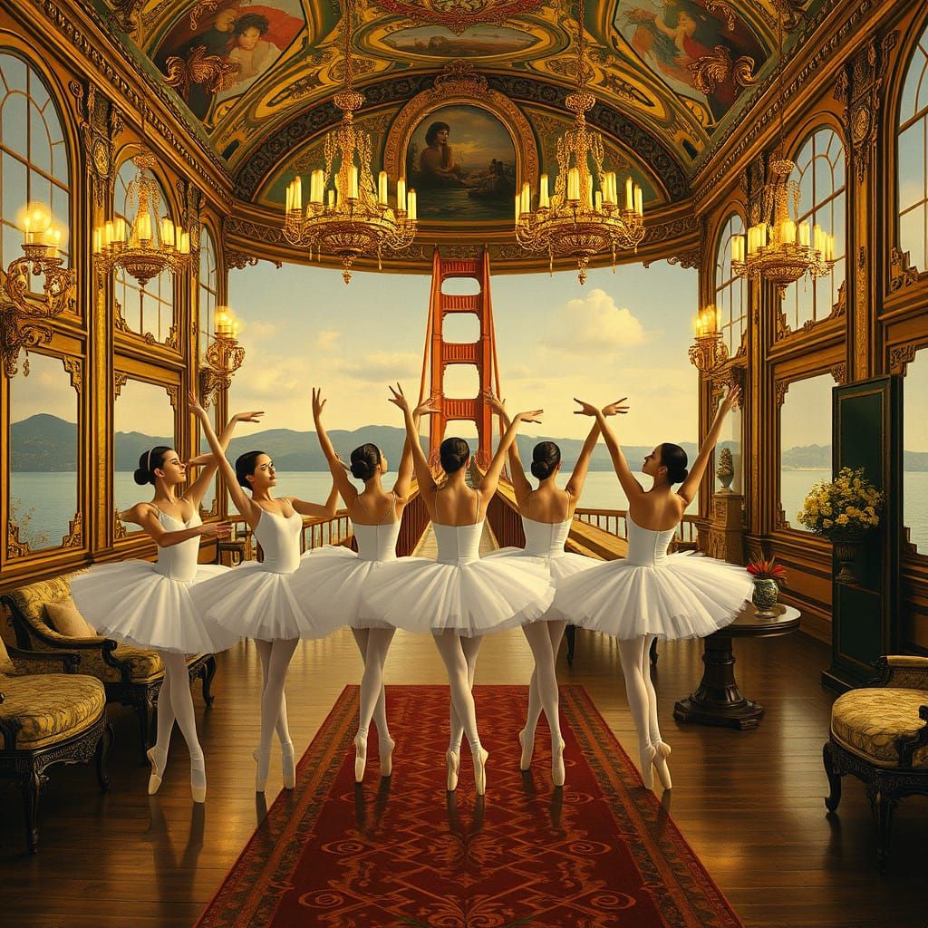 Ballerinas in Extravagant Golden Palace on Golden Gate Bridg...
