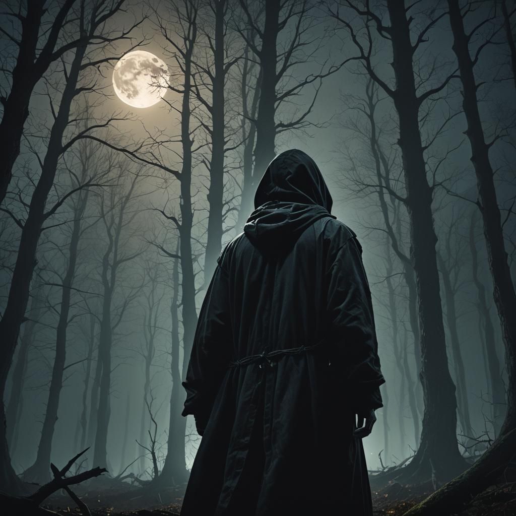 Ethereal Figure in Haunted Forest: Dark Fantasy Art