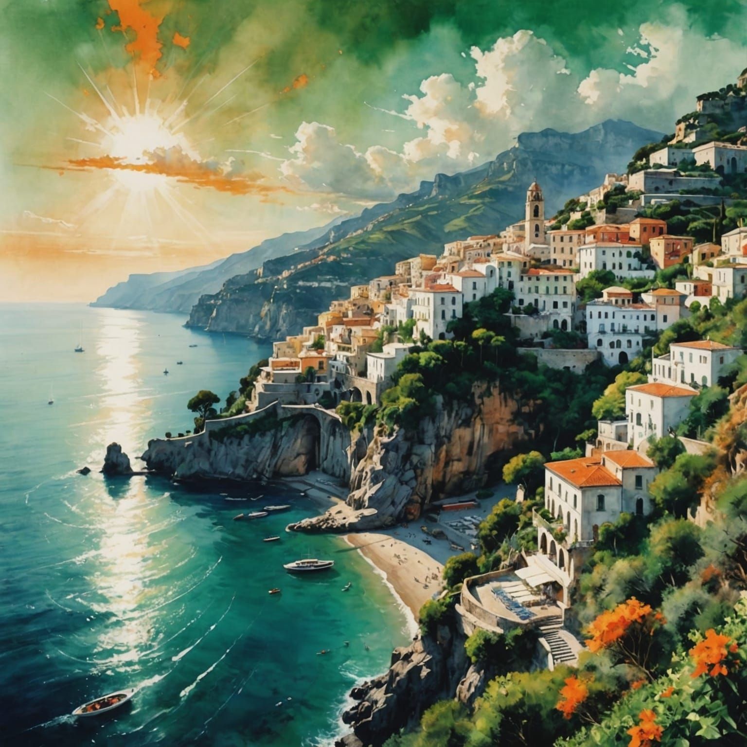 Breathtaking Amalfi Coast Watercolor Double Exposure