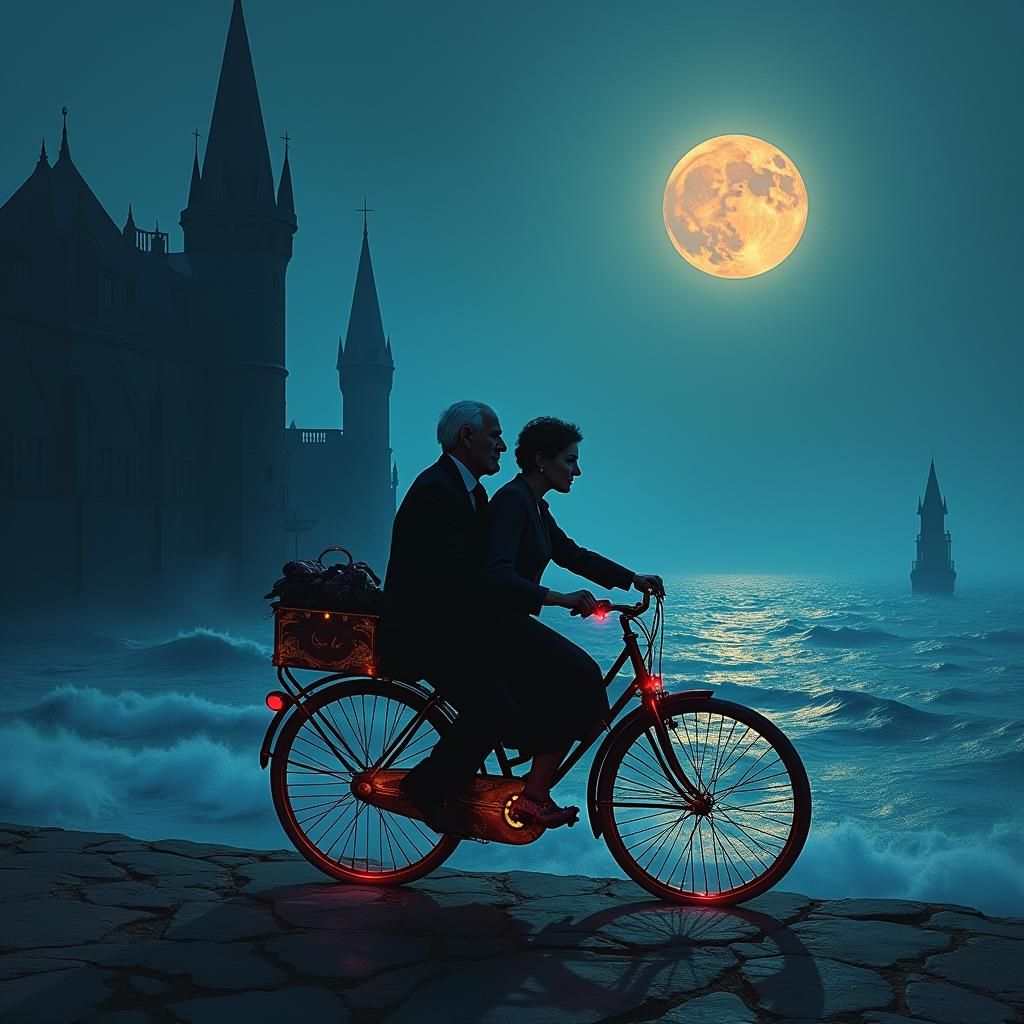 Surreal Couple Ride in Chagall Style Seascape