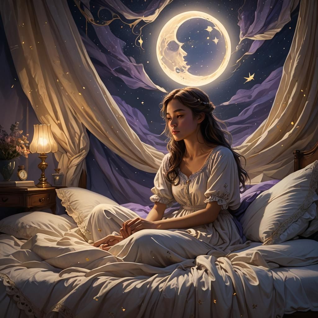 Moonlit Dream: Girl in Bed, Art Nouveau Style