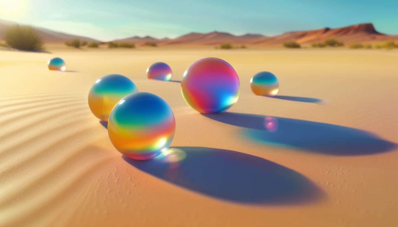 Rainbow Orbs in a Surreal Desert Landscape