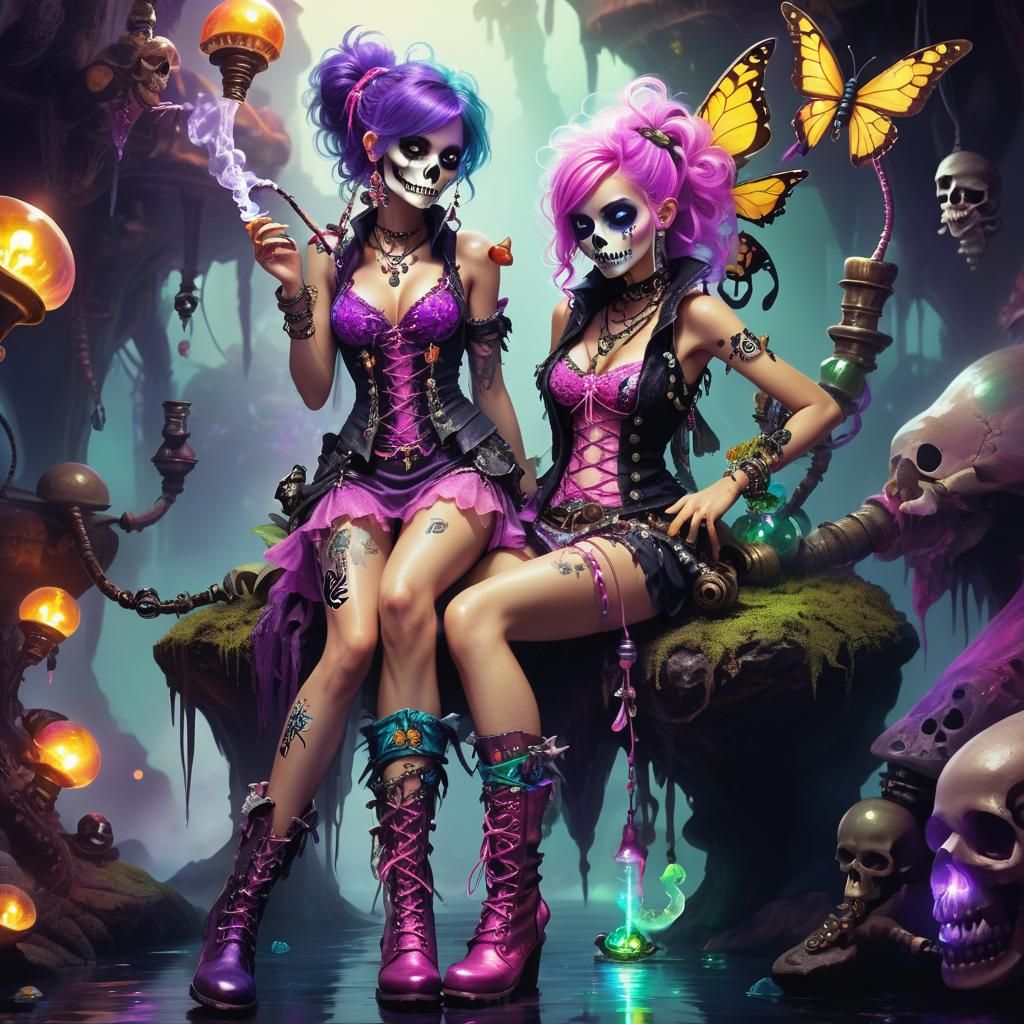 Funky Pixie with Caterpillar Companion in Vibrant Fantasy Ar...