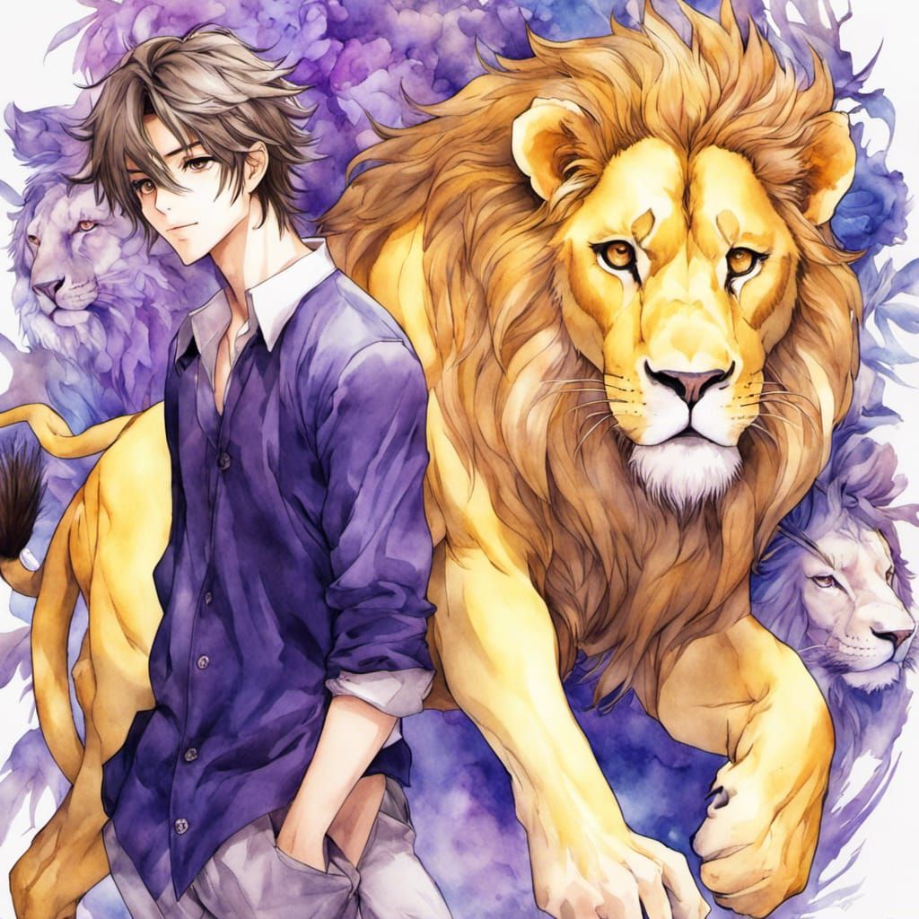 Young Man with Lion in Manga Style