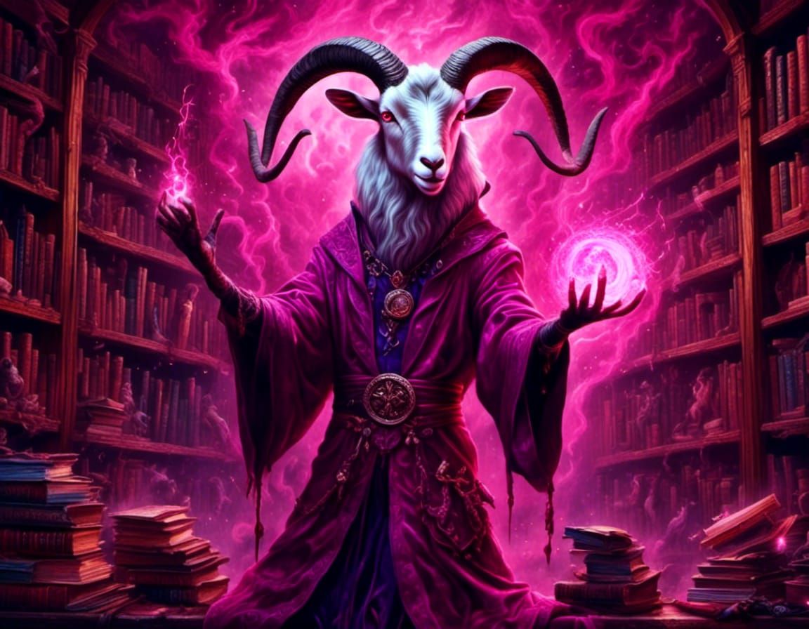 Anthropomorphic Goat Wizard Casting Magenta Spell