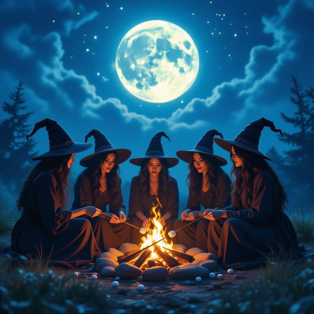 Witches Roasting Marshmallows Under Luminous Full Moon