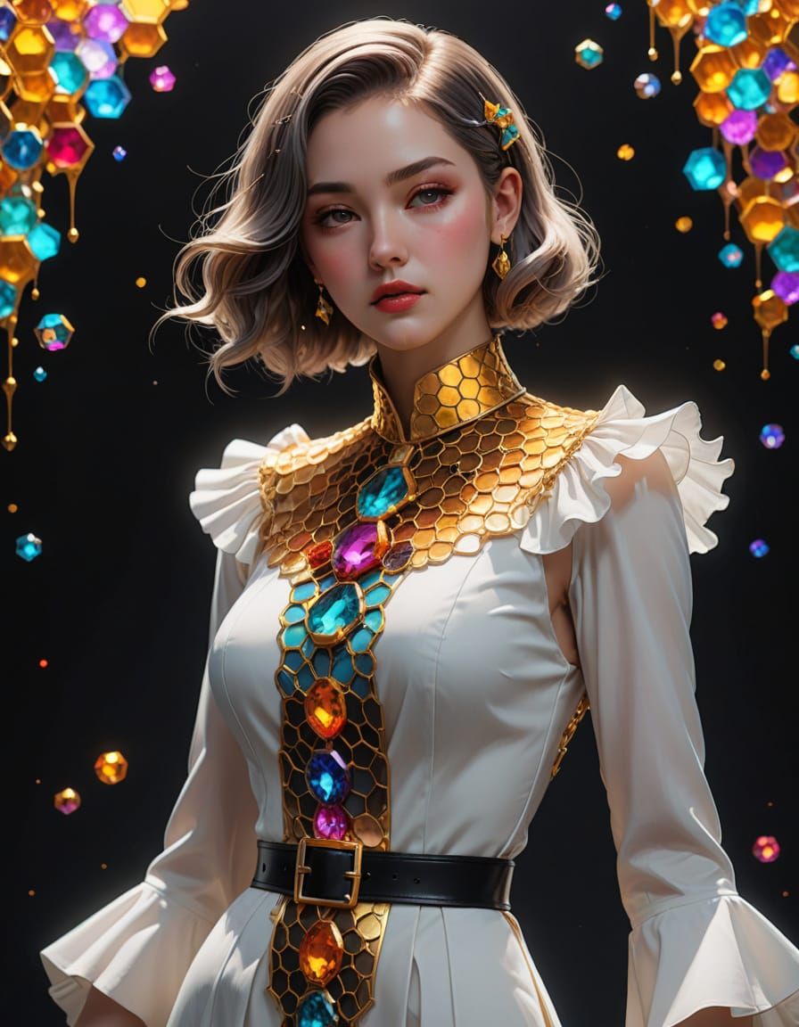 Vibrant 1930s Lady in Rainbow-Hued Honeycomb Gown