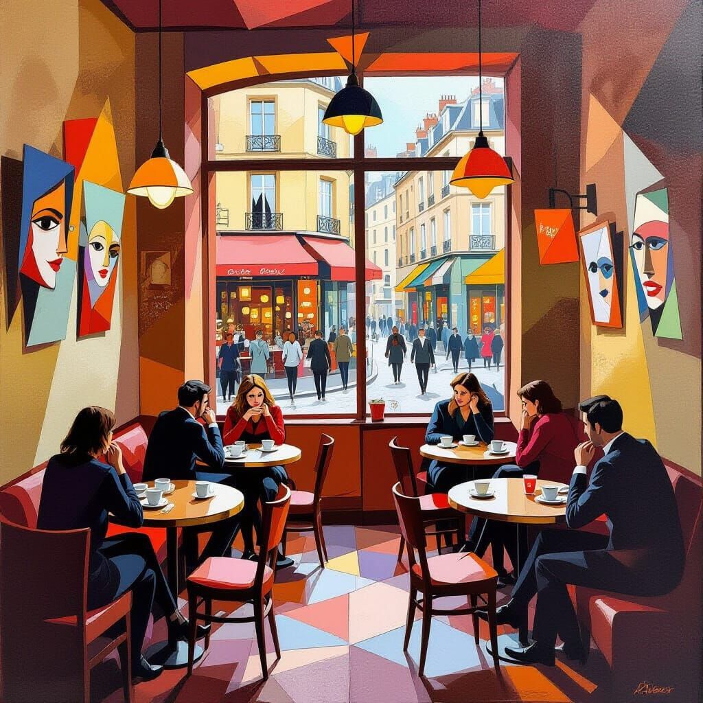 Cozy Cafe Interior in Cubist Style