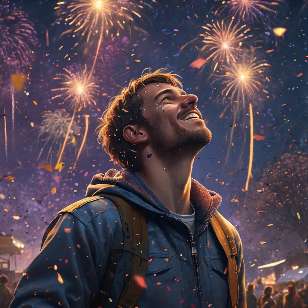 Joyful Man in Fantasy Fireworks Display