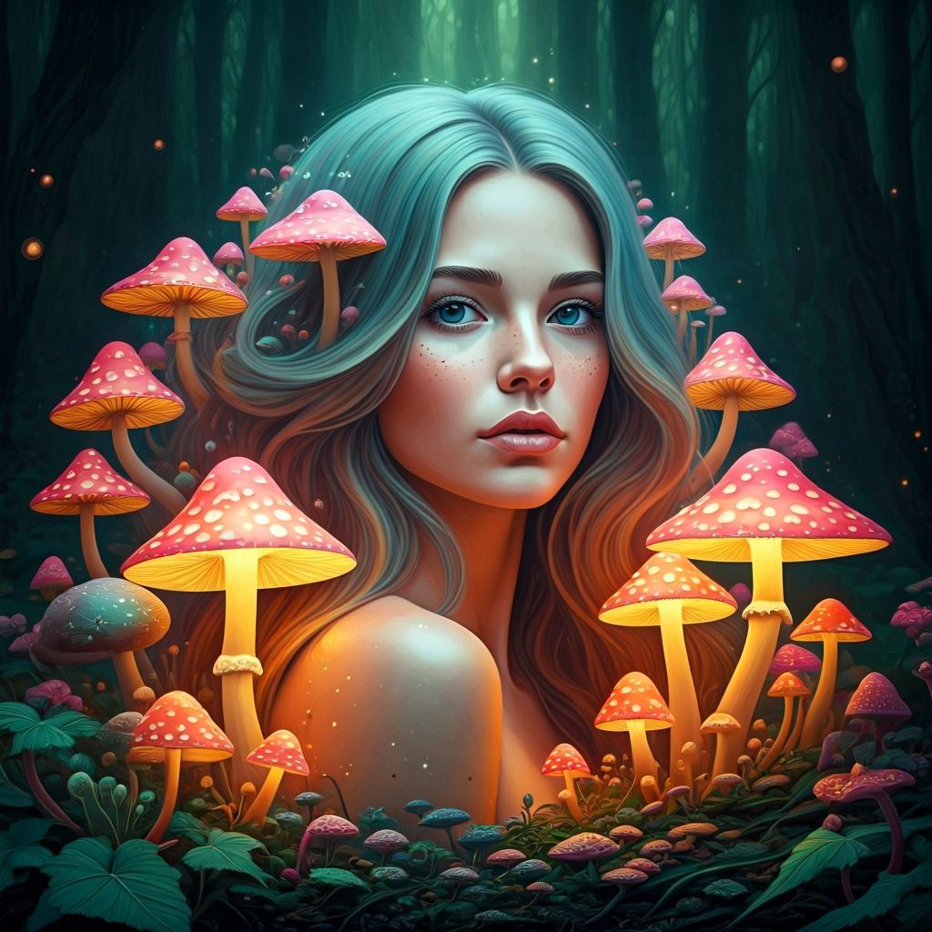 Mystical Woman in Enchanted Forest with Glowing Mushrooms