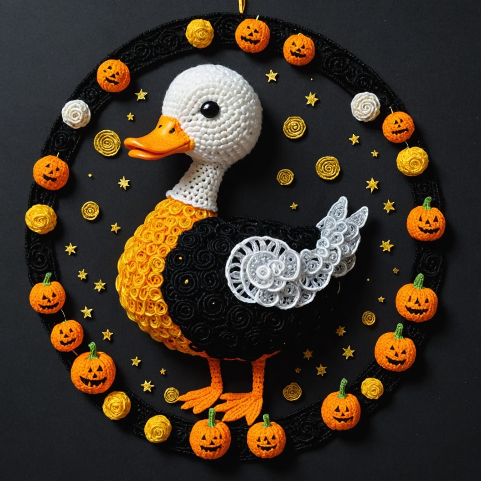 Klimt-Inspired Crochet Duck with Cosmic Halloween Decor