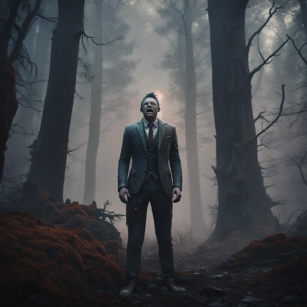 Distressed Figure Lost in Dark Forest: Matte Painting