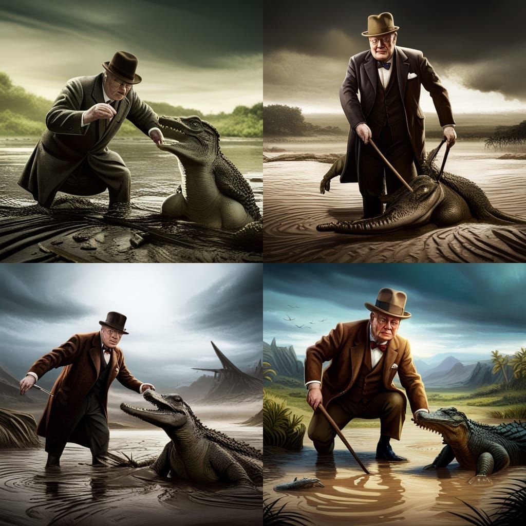 Churchill Wrestles Crocodile: Detailed Matte Painting