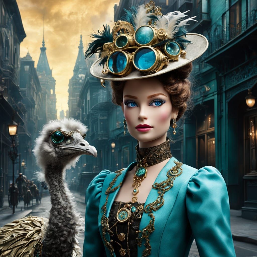 Steampunk Barbie in Dreamlike City Streetscape
