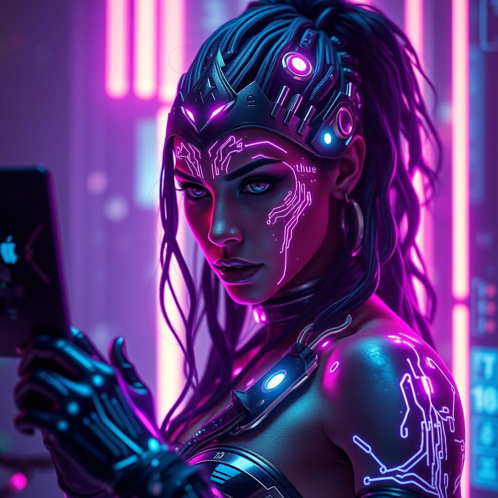 Cyberpunk Amazon Warrior Hacker in Neon Data Haven