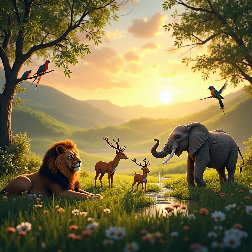 Harmonious Wildlife Scene in Lush Meadow