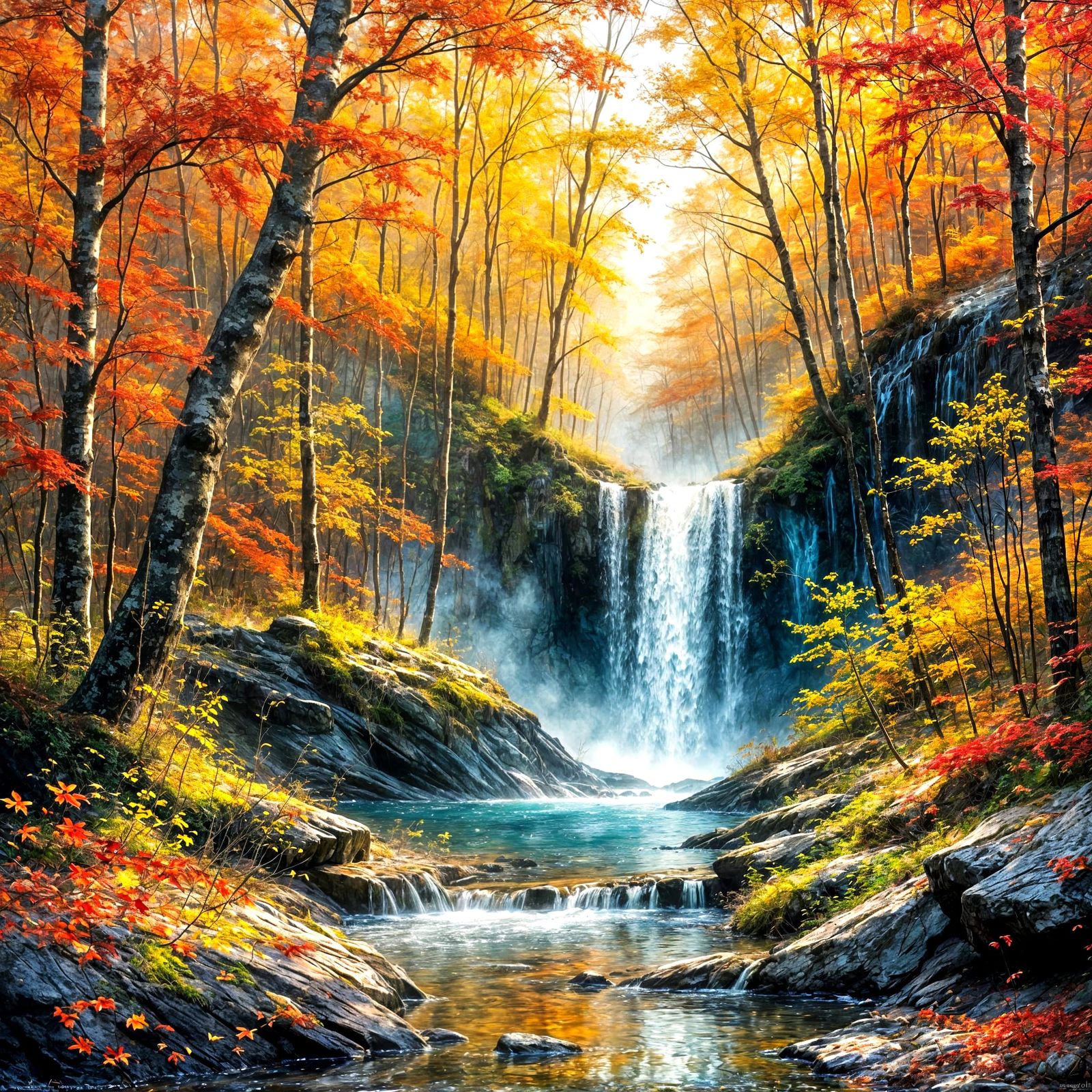 Enchanted Autumn Waterfall in Impasto Style