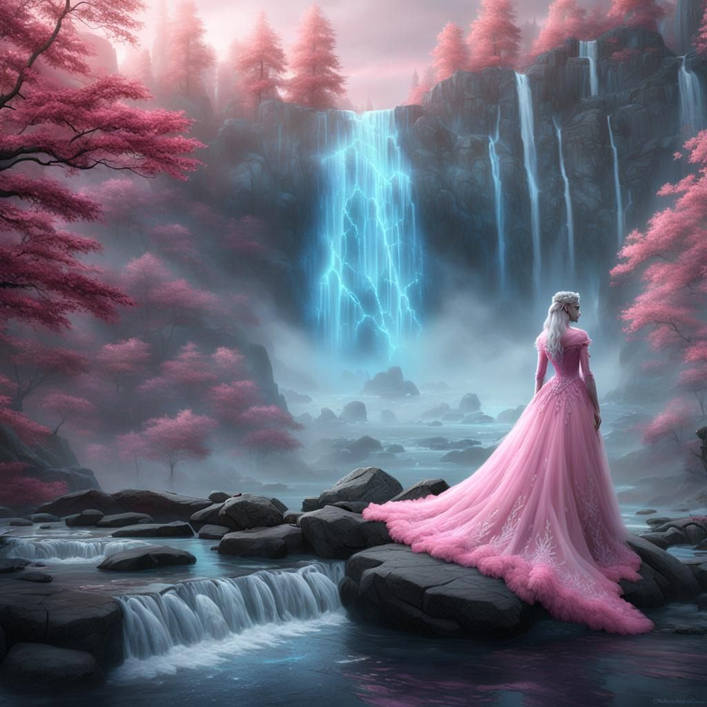 Killer Frost in Pink Wedding Dress by Waterfall