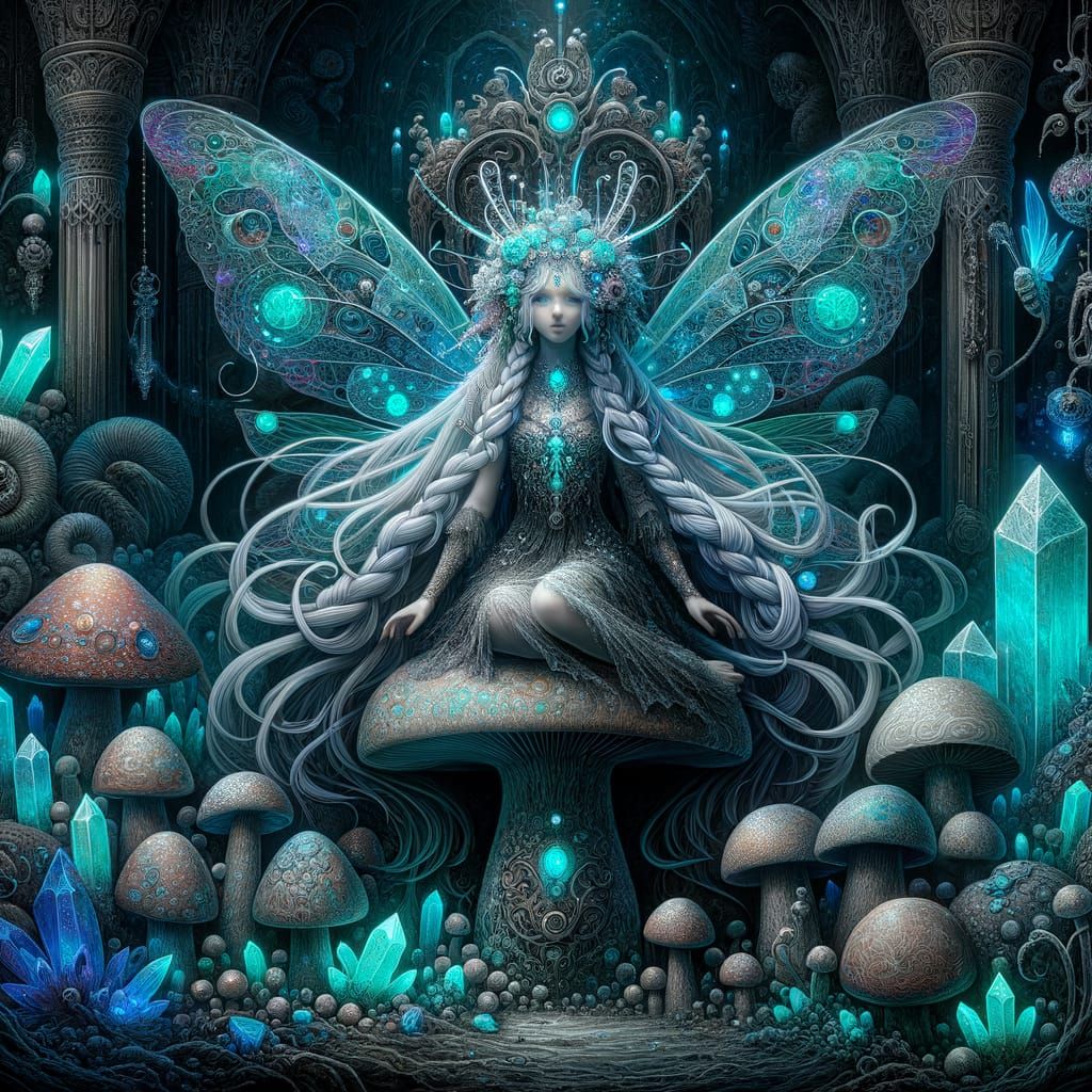 Gothic Fairy with Bioluminescent Wings on Mushroom Throne